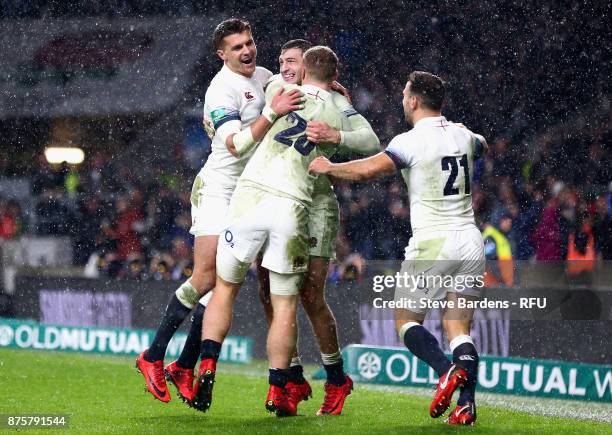 Jonny May of England celebrates scoring his sides third goal during the Old Mutual Wealth Series match between England and Australia at Twickenham...