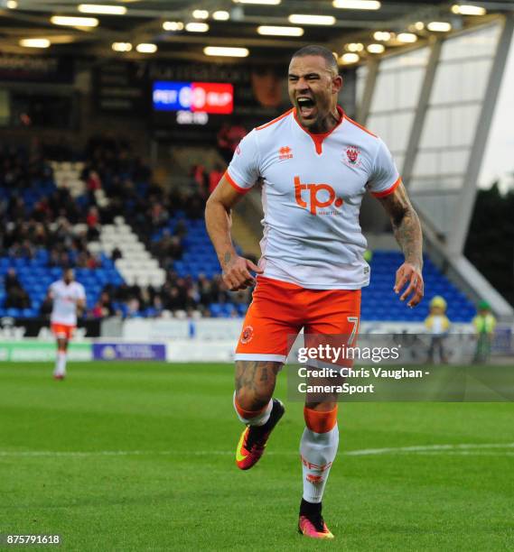 Blackpool's Kyle Vassell celebrates scoring the opening goal during the Sky Bet League One match between Peterborough United and Blackpool at ABAX...