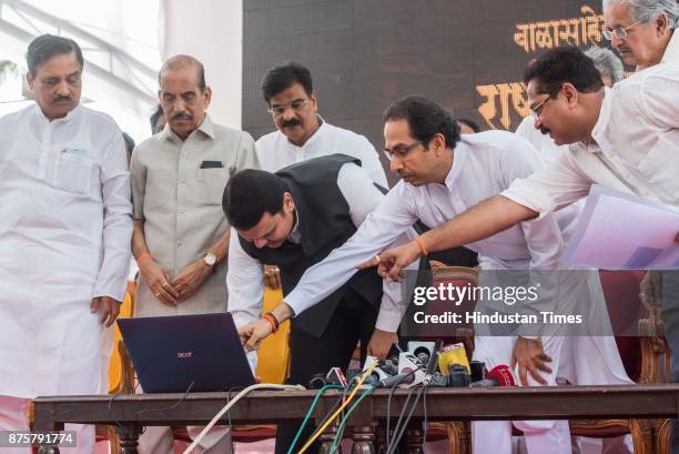 Maharashtra Chief Minister Devendra Fadnavis along with Manohar Joshi, Sudhir Desai, Diwakar Raute, Aadesh Bandekar and Uddhav Thackeray during the...
