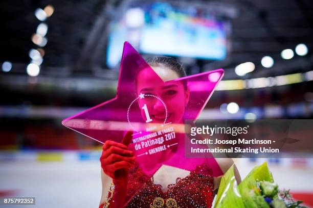 Alina Zagitova of Russia poses in the Ladies medal ceremony during day two of the ISU Grand Prix of Figure Skating at Polesud Ice Skating Rink on...