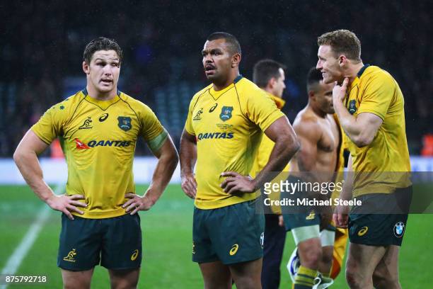 Michael Hooper, Kurtley Beale and Reece Hodge of Australia look on dejected during the Old Mutual Wealth Series match between England and Australia...
