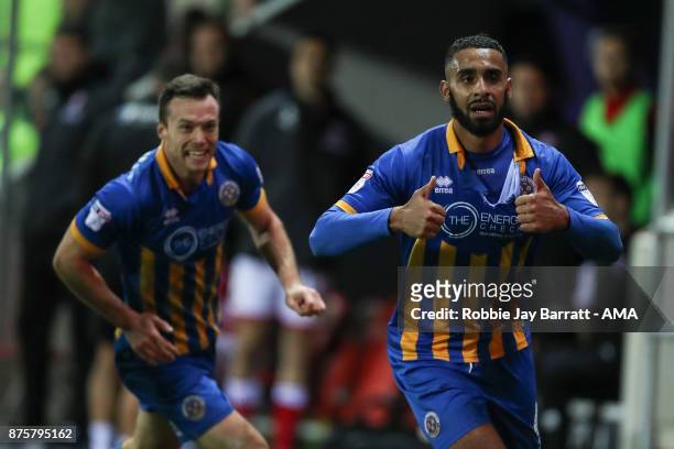 Stefan Payne celebrates after scoring a goal to make it 1-2 during the Sky Bet League One match between Rotherham United and Shrewsbury Town at The...