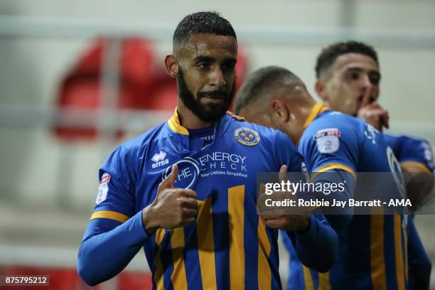 Stefan Payne of Shrewsbury Town celebrates after scoring a goal to make it 1-2 during the Sky Bet League One match between Rotherham United and...