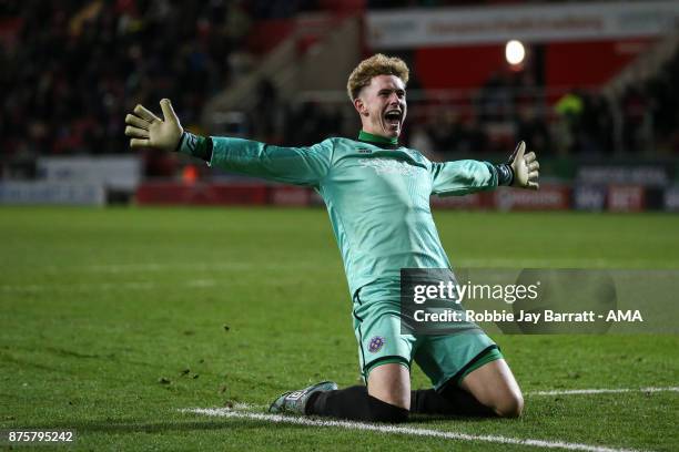 Dean Henderson of Shrewsbury Town celebrates at full time during the Sky Bet League One match between Rotherham United and Shrewsbury Town at The New...