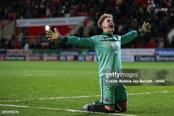 Dean Henderson of Shrewsbury Town celebrates at full time during the Sky Bet League One match between Rotherham United and Shrewsbury Town at The New...