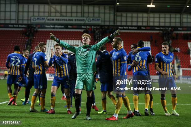 Shrewsbury Town players celebrate at full time during the Sky Bet League One match between Rotherham United and Shrewsbury Town at The New York...