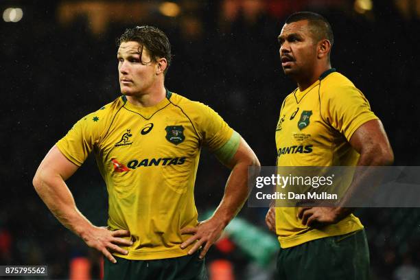 Michael Hooper of Australia and Kurtley Beale look on during the Old Mutual Wealth Series match between England and Australia at Twickenham Stadium...