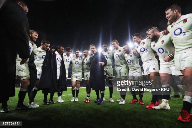 Dylan Hartley of England talks to his team during a huddle after the Old Mutual Wealth Series match between England and Australia at Twickenham...