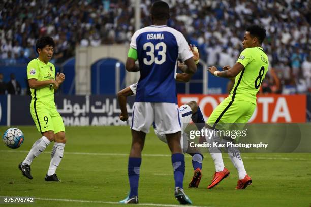 Rafael Silva of Urawa Red Diamonds scores the opening goal during the AFC Champions League Final 2017 first leg between Al-Hilal and Urawa Red...