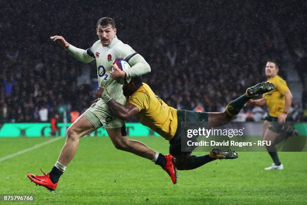 Jonny May of England runs towards the try line during the Old Mutual Wealth Series match between England and Australia at Twickenham Stadium on...