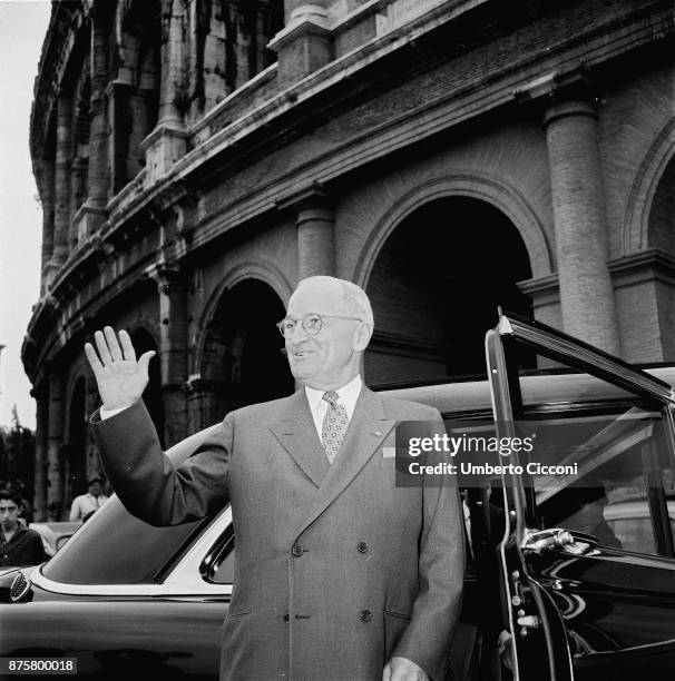 American statesman and former President of the United States Harry Truman at the Colosseum for an official visit in Rome in 1956.