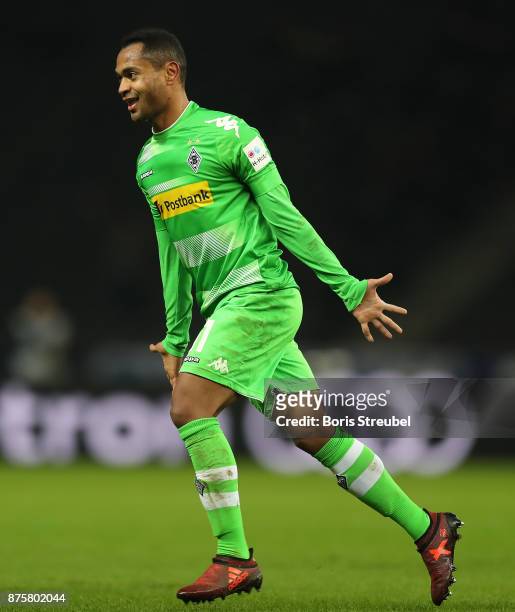 Raffael of Moenchengladbach celebrates after he scored a goal to make it 3:0 during the Bundesliga match between Hertha BSC and Borussia...