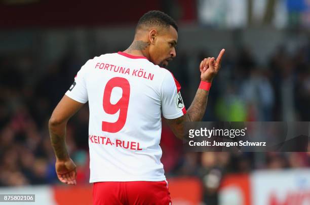 Daniel Keita-Ruel of Cologne gestures during the 3. Liga match between SC Fortuna Koeln and 1. FC Magdeburg at Suedstadion on November 18, 2017 in...