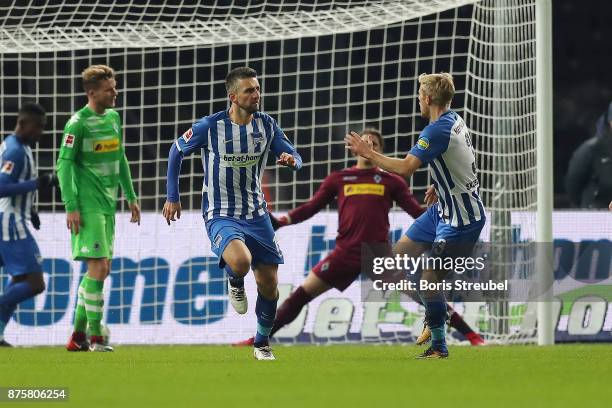 Vedad Ibisevic of Berlin scores a goal to make it 1:3 during the Bundesliga match between Hertha BSC and Borussia Moenchengladbach at Olympiastadion...