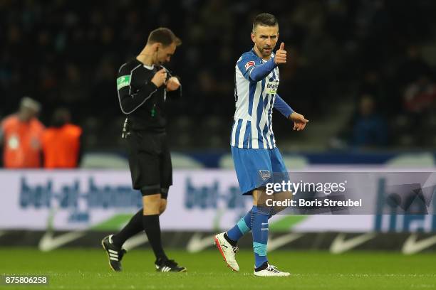 Vedad Ibisevic of Berlin celerbates after he scored a goal to make it 1:3 during the Bundesliga match between Hertha BSC and Borussia...