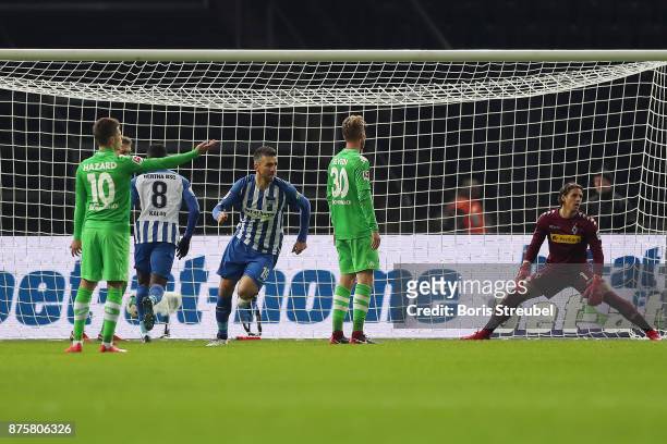 Vedad Ibisevic of Berlin scores a goal to make it 1:3 during the Bundesliga match between Hertha BSC and Borussia Moenchengladbach at Olympiastadion...