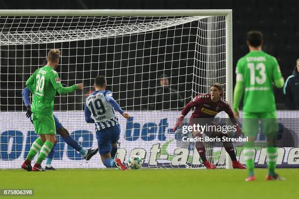 Vedad Ibisevic of Berlin scores a goal to make it 1:3 during the Bundesliga match between Hertha BSC and Borussia Moenchengladbach at Olympiastadion...