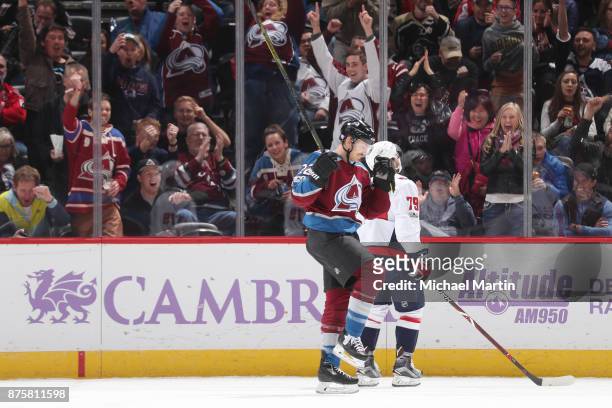 Colin Wilson of the Colorado Avalanche celebrates a goal against the Washington Capitals at the Pepsi Center on November 16, 2017 in Denver,...