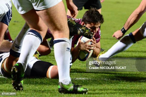 Bordeaux-Begles' French scrumhalf Gauthier Doubrere scores a try during the French Top 14 rugby union match between Bordeaux-Begles and Agen on...