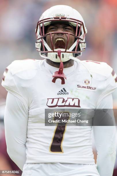 Cornerback Juwan Offray of the Louisiana Monroe Warhawks reacts after a big play during their game against the Auburn Tigers at Jordan-Hare Stadium...