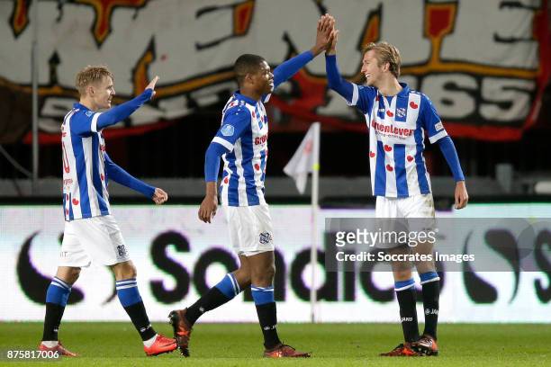 Michel Vlap of SC Heerenveen celebrates 0-2 with Martin Odegaard of SC Heerenveen, Denzel Dumfries of SC Heerenveen during the Dutch Eredivisie match...