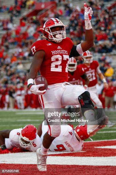 Morgan Ellison of the Indiana Hoosiers celebrates after scoring a touchdown against the Rutgers Scarlet Knights at Memorial Stadium on November 18,...