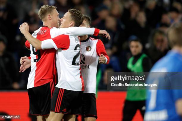 Nicolai Jorgensen of Feyenoord celebrates 1-0 with Bart Nieuwkoop of Feyenoord, Jens Toornstra of Feyenoord during the Dutch Eredivisie match between...