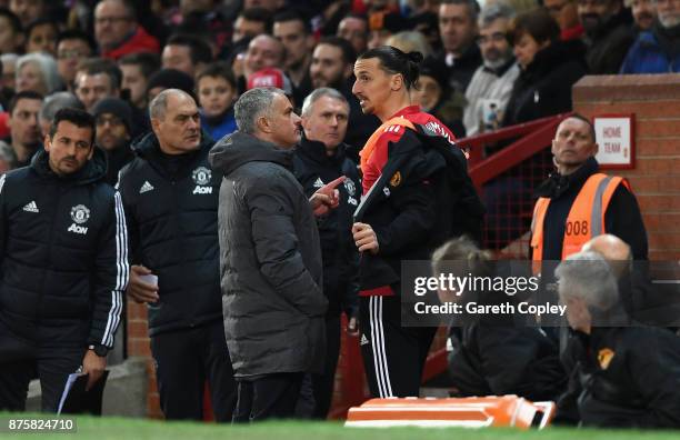 Jose Mourinho, Manager of Manchester United instructs Zlatan Ibrahimovic of Manchester United before being substituted during the Premier League...