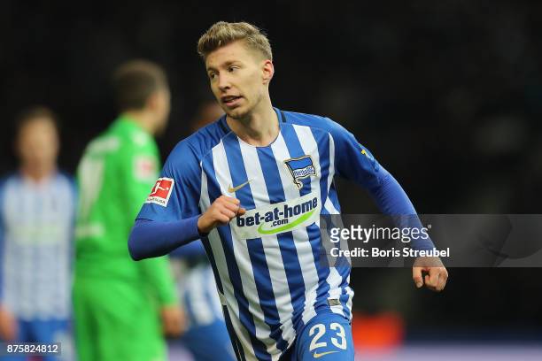 Mitchell Weiser of Berlin celebrates after he scored a goal to make it 2:3 during the Bundesliga match between Hertha BSC and Borussia...