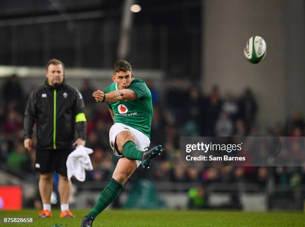 Dublin , Ireland - 18 November 2017; Ian Keatley of Ireland kicks a penalty during the Guinness Series International match between Ireland and Fiji...