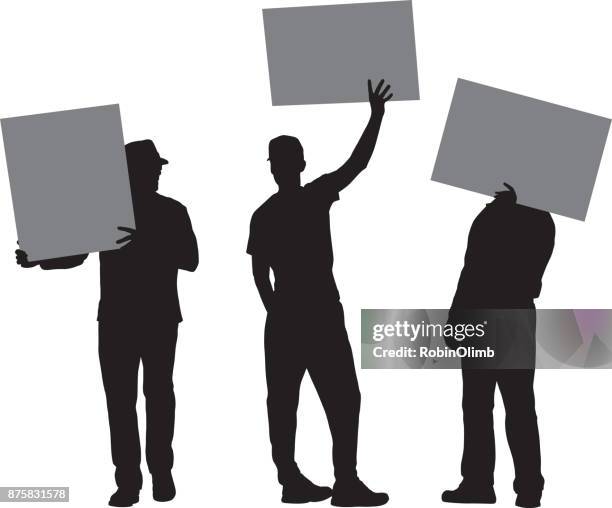 three men holding protest signs - protesters silhouette stock illustrations