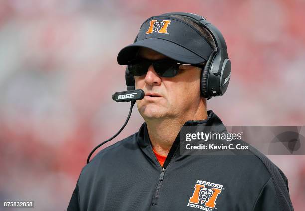 Head coach Bobby Lamb of the Mercer Bears looks on during the game against the Alabama Crimson Tide at Bryant-Denny Stadium on November 18, 2017 in...