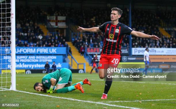 Blackburn Rovers' Marcus Antonsson celebrates scoring his side's second goal during the Sky Bet League One match between Bury and Blackburn Rovers at...