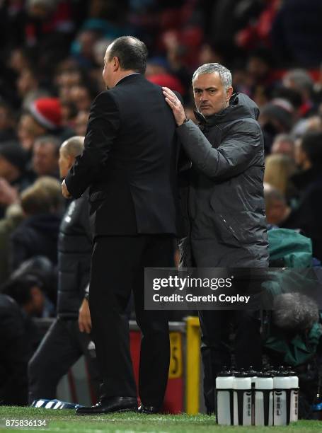 Jose Mourinho, Manager of Manchester United and Rafael Benitez, Manager of Newcastle United shake hands after the Premier League match between...