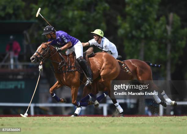 Santiago Toccalino of La Albertina hits the ball during a match between La Albertina and La Esquina as part of the HSBC 124° Argentina Polo Open at...