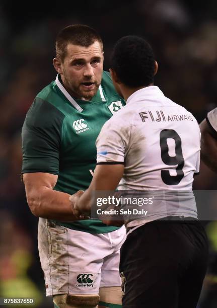 Dublin , Ireland - 18 November 2017; CJ Stander of Ireland and Henry Seniloli of Fiji shake hands following the Guinness Series International match...