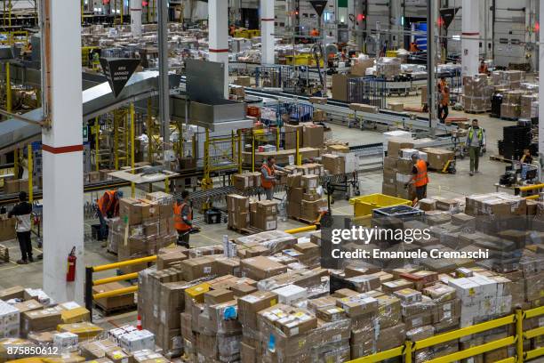 General view of the inbound area of the Amazon.com MPX5 fulfillment center on November 17, 2017 in Castel San Giovanni, Italy. Established in 2014,...