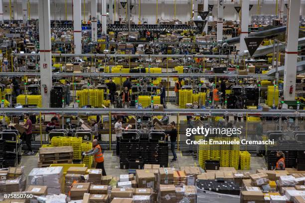 General view of the inbound area of the Amazon.com MPX5 fulfillment center on November 17, 2017 in Castel San Giovanni, Italy. Established in 2014,...