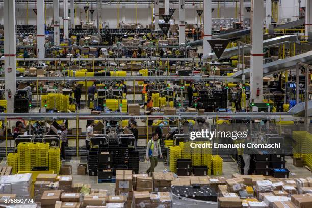 General view of the inbound area of the Amazon.com MPX5 fulfillment center on November 17, 2017 in Castel San Giovanni, Italy. Established in 2014,...