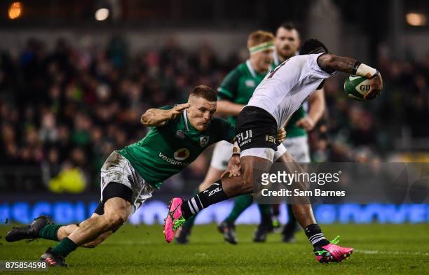 Dublin , Ireland - 18 November 2017; Nikola Matawalu of Fiji is tackled by Andrew Conway of Ireland during the Guinness Series International match...