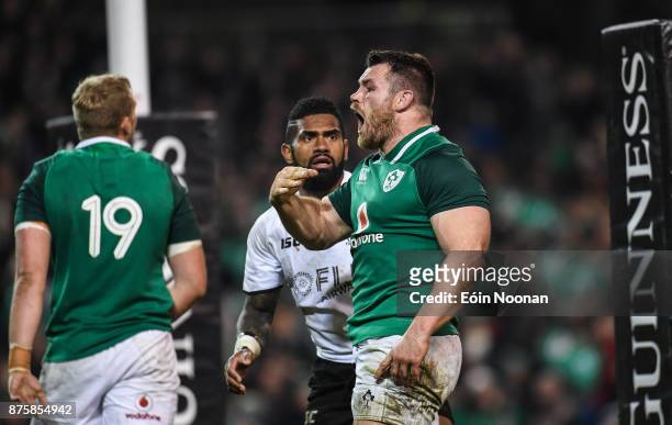 Dublin , Ireland - 18 November 2017; Cian Healy of Ireland celebrates after scoring a try which is ultimately dissallowed during the Guinness Series...