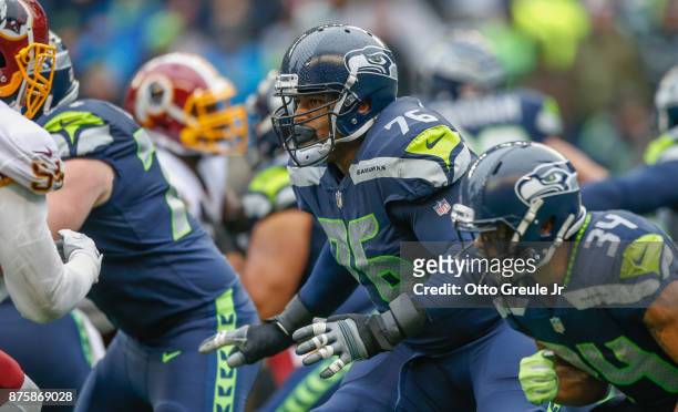 Offensive tackle Duane Brown of the Seattle Seahawks in action against the Washington Redskins at CenturyLink Field on November 5, 2017 in Seattle,...