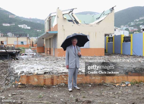 Prince Charles, Prince of Wales view the destroyed landscape left by the hurricane on November 18, 2017 in Antigua and Barbuda. The Prince of Wales...