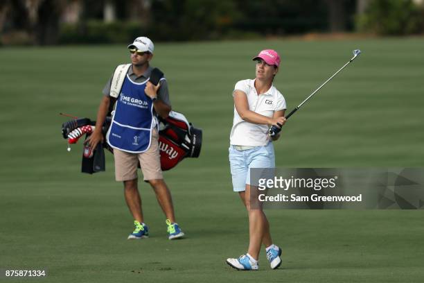 Karine Icher of France plays a shot on the 17th hole during round three of the CME Group Tour Championship at the Tiburon Golf Club on November 18,...