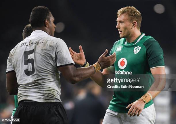 Dublin , Ireland - 18 November 2017; Kieran Treadwell of Ireland and Leone Nakarawa of Fiji after after the Guinness Series International match...