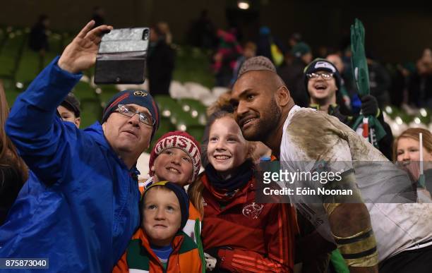 Dublin , Ireland - 18 November 2017; Nemani Nadolo of Fiji poses for a photo with Ireland supporters after the Guinness Series International match...
