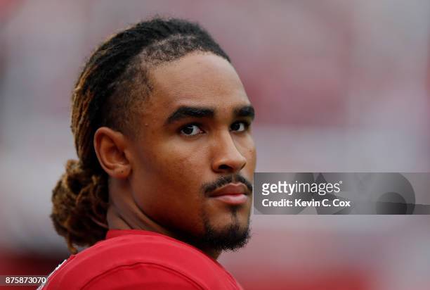 Jalen Hurts of the Alabama Crimson Tide looks on during the second half of the game against the Mercer Bears at Bryant-Denny Stadium on November 18,...