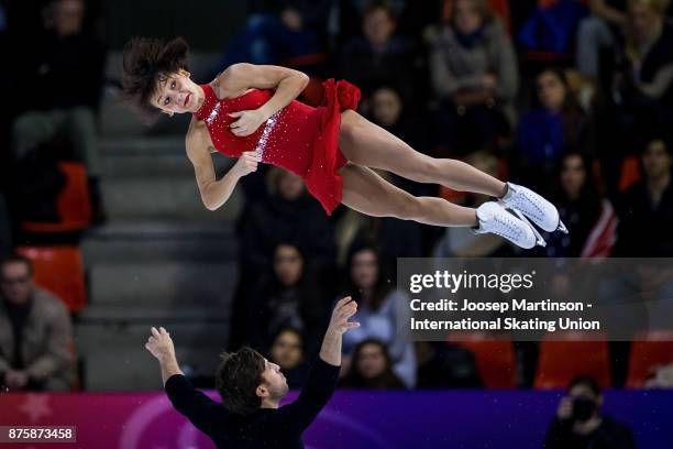 Liubov Ilyushechkina and Dylan Moscovitch of Canada compete in the Pairs Free Skating during day two of the ISU Grand Prix of Figure Skating at...