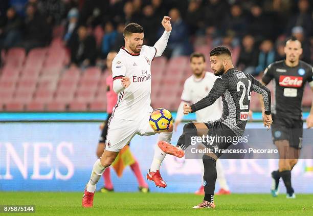 Player of SSC Napoli Lorenzo Insigne vies with AC Milan player Mateo Musacchio during the Serie A match between SSC Napoli and AC Milan at Stadio San...