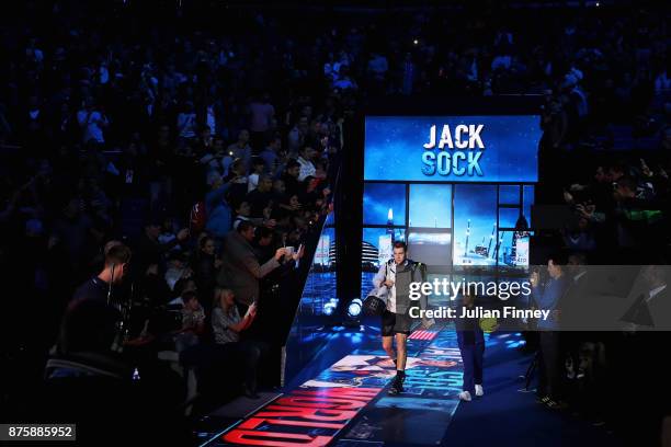 Jack Sock of the United States walks out for his Singles Semi Final match against Grigor Dimitrov of Bulgaria during day seven of the Nitto ATP World...